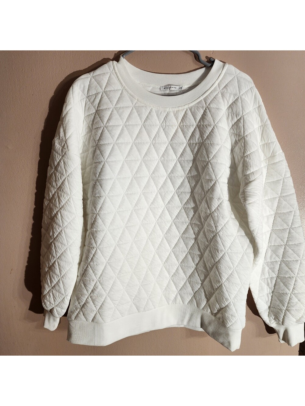 STACCATO Quilted Pullover Women's Sweatshirt White M Argyle Crew Neck 18465B